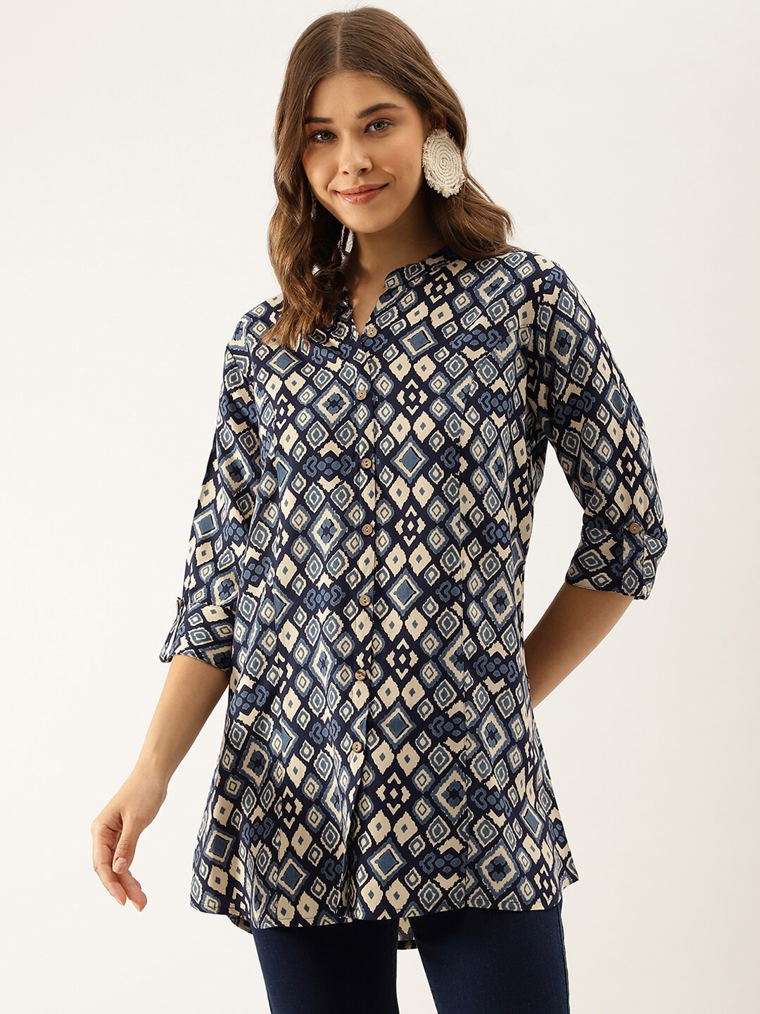 

KALINI Geometric Printed Mandarin Collar Roll-Up Sleeves Longline Shirt Style Top, Navy blue