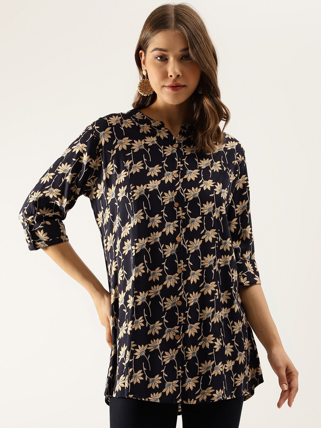 

KALINI Floral Printed Mandarin Collar Roll-Up Sleeves Shirt Style Top, Navy blue