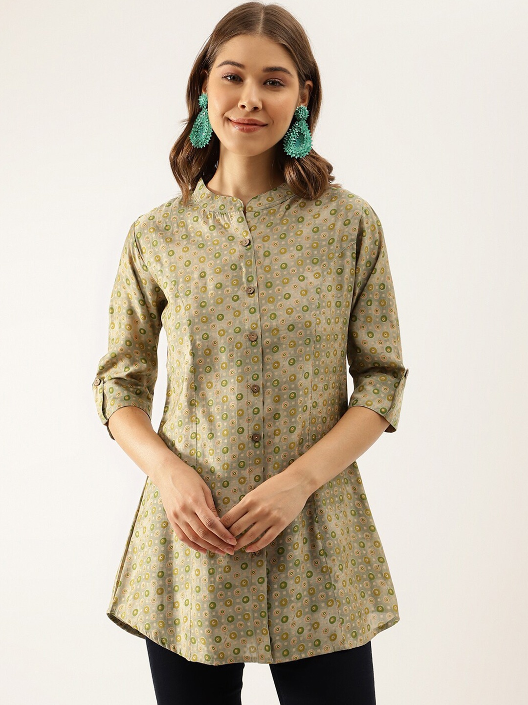 

KALINI Geometric Printed Mandarin Collar Modal A-Line Kurti, Green