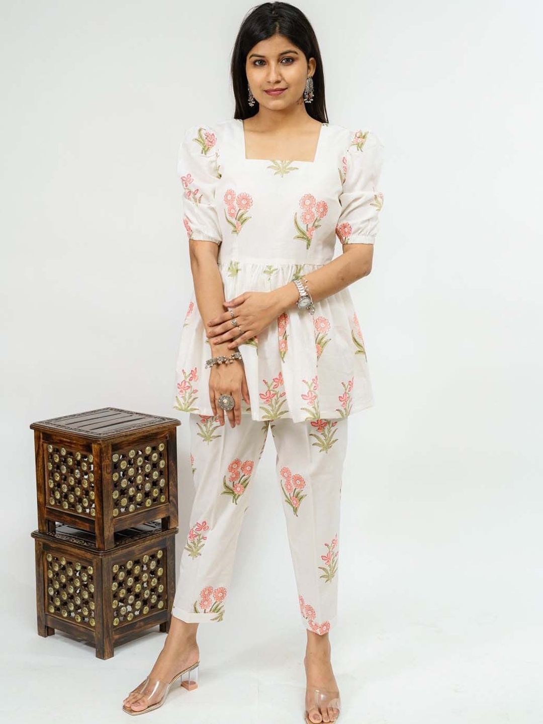 

TSUCCHI TRADITIONS Printed Pure Cotton Tunic With Trouser, White