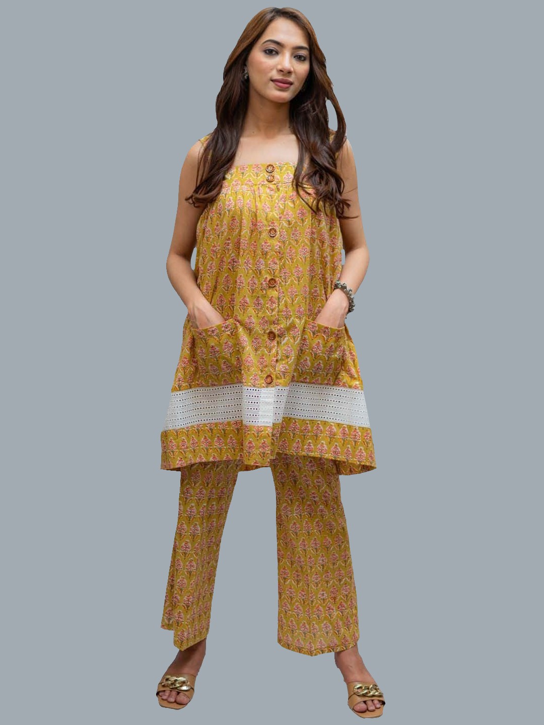 

TSUCCHI TRADITIONS Ethnic Motifs Printed Pure Cotton Tunic With Trouser, Mustard