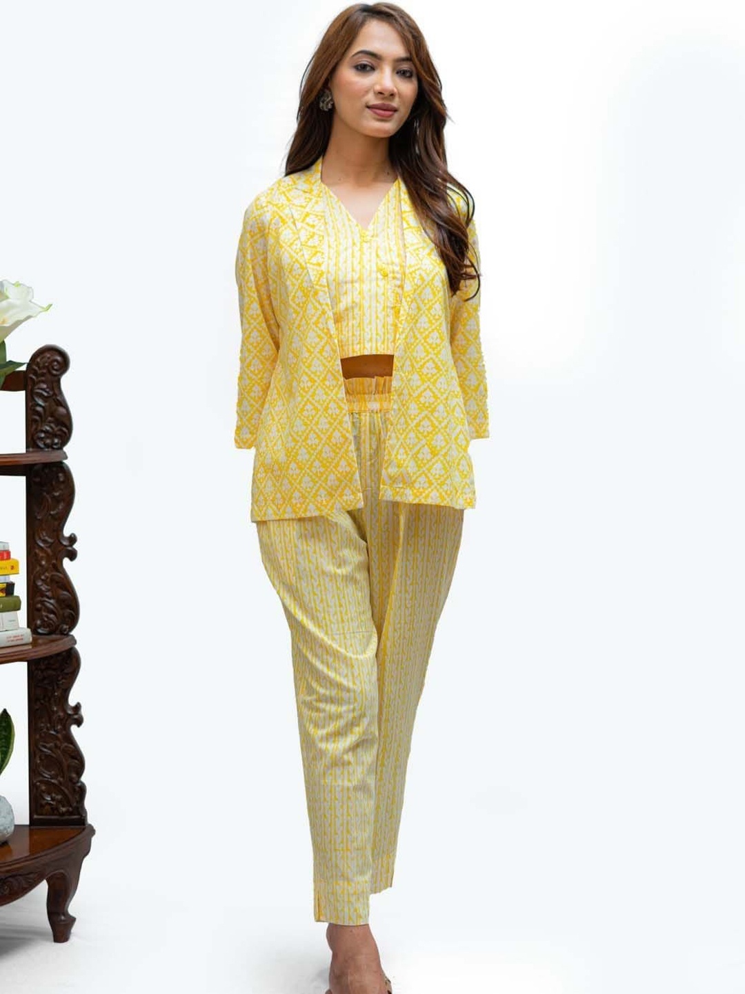 

TSUCCHI TRADITIONS Ethnic Motifs Printed Pure Cotton Top & Trouser With Jacket, Yellow