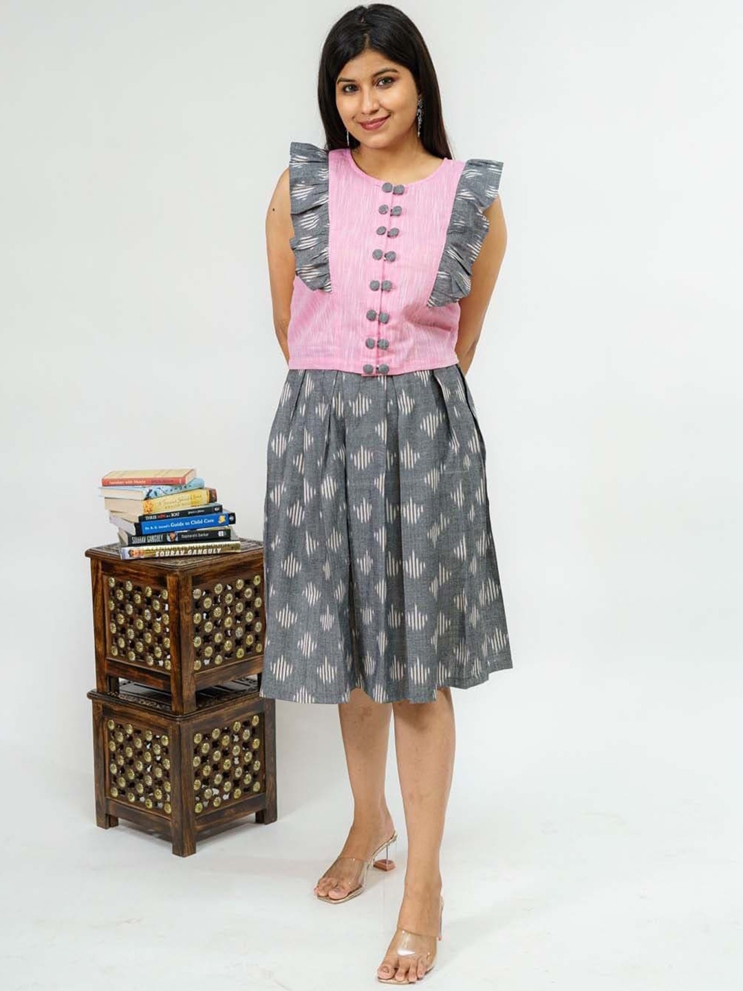 

TSUCCHI TRADITIONS Ethnic Motifs Printed Pure Cotton Top With Skirt, Grey