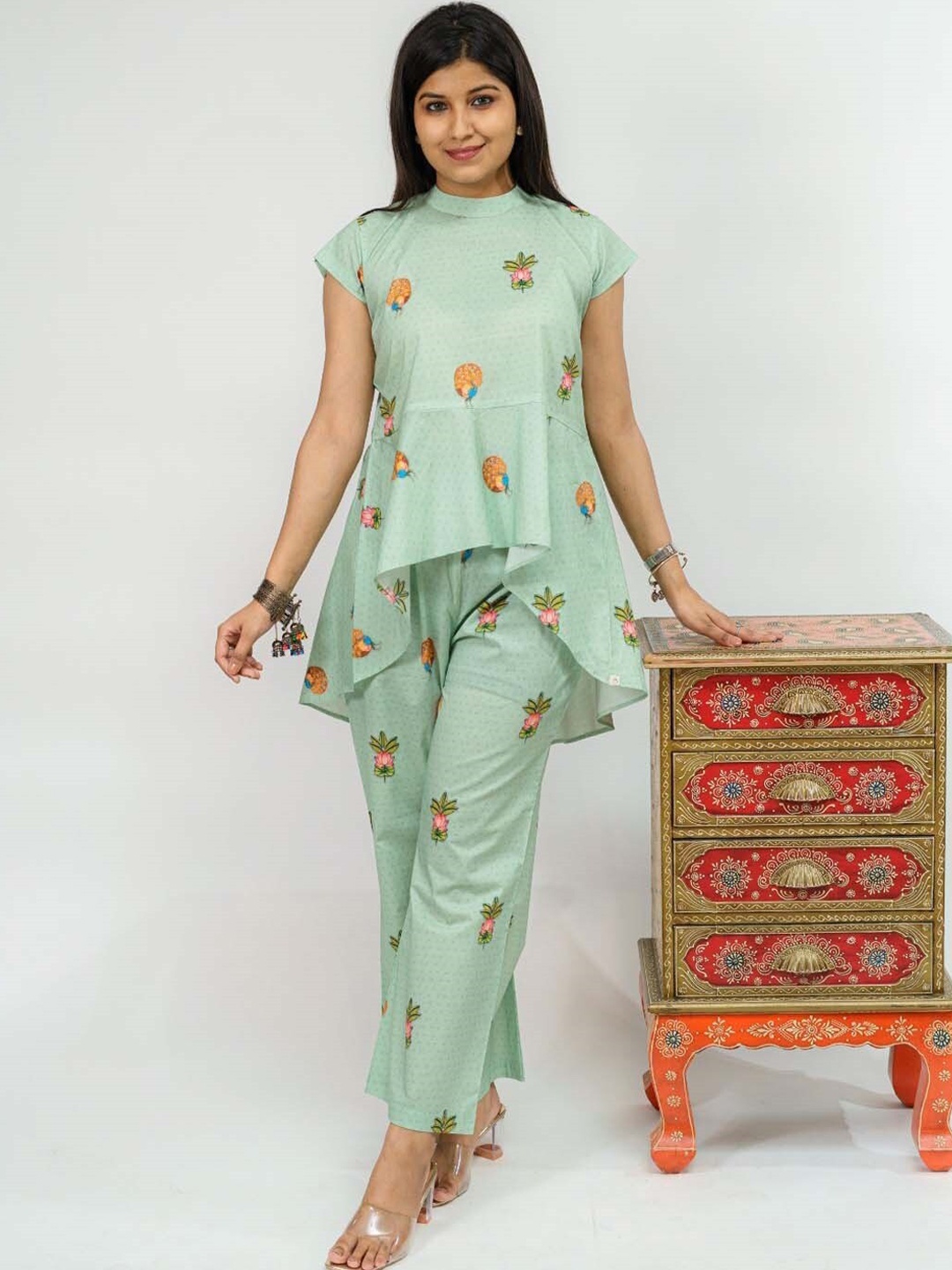 

TSUCCHI TRADITIONS Printed High Neck Pure Cotton Tunic With Trouser, Green