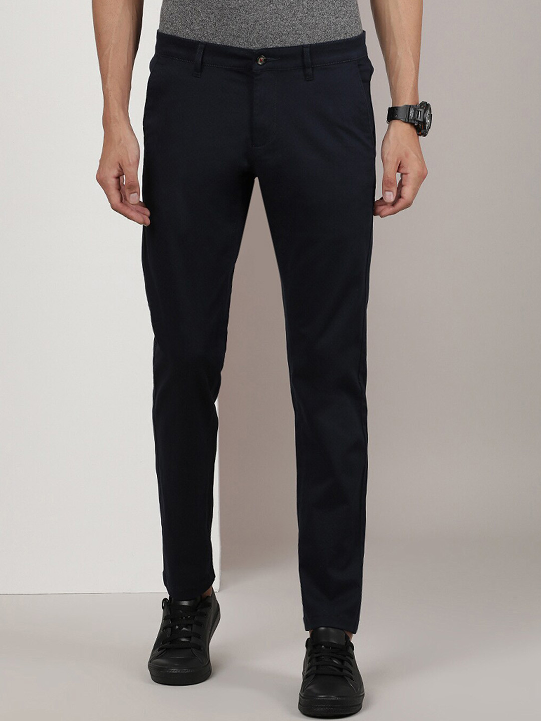 

Old Grey Men Slim Fit Mid Rise Cotton Regular Trousers, Navy blue