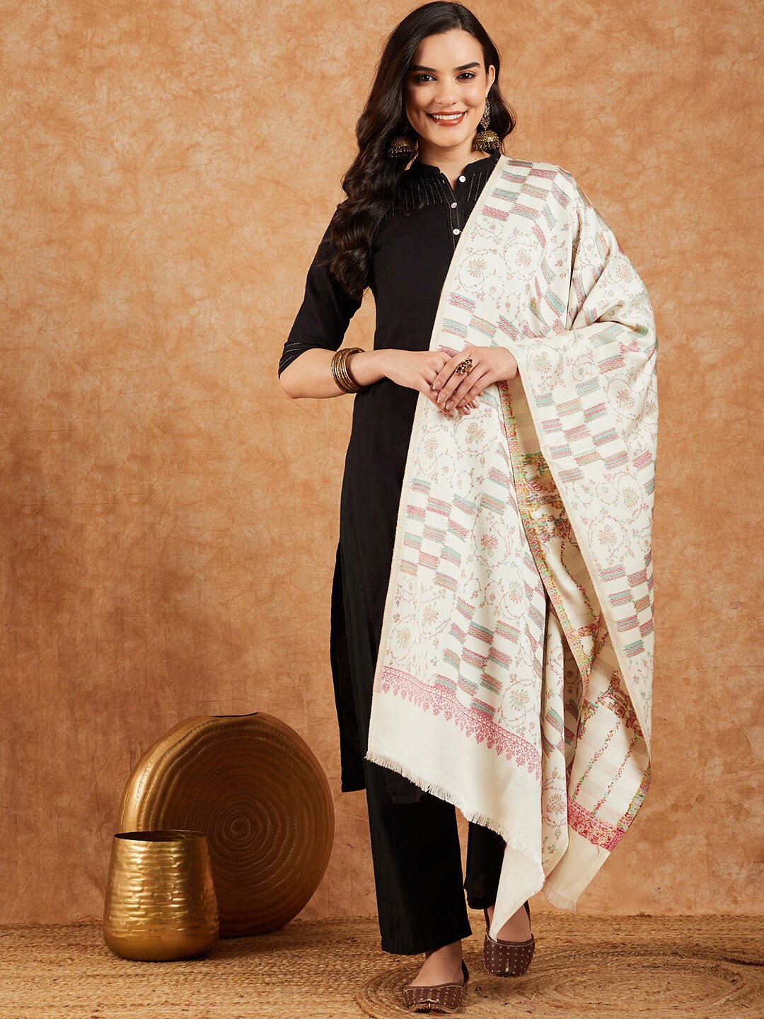 

Sangria Woven Design Winter Pashmina Shawl, Off white