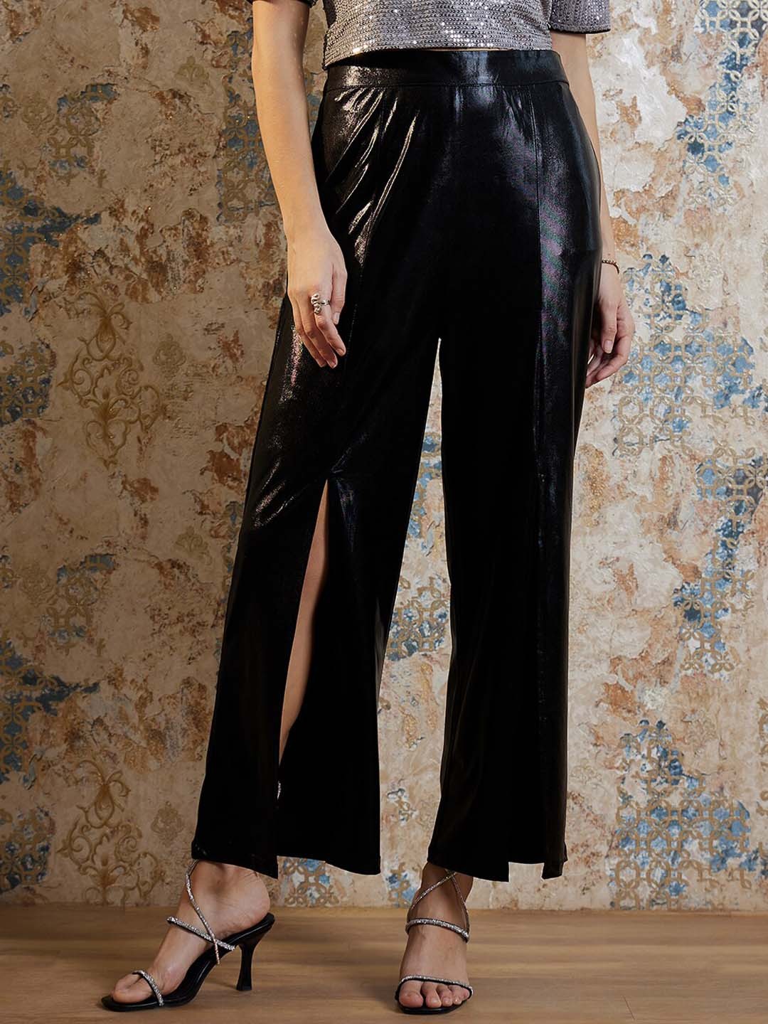 

Shally Bhasin by Athena Women Smart Loose Fit Front Slit Non Iron Parallel Trousers, Black