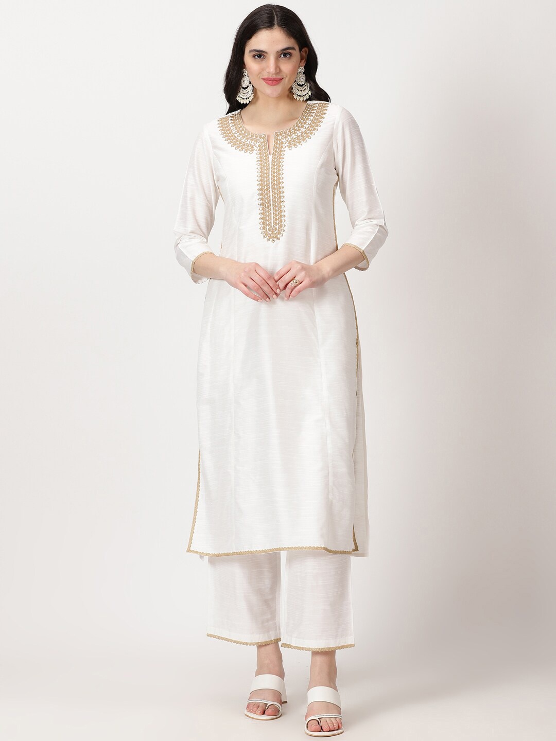 

Saffron Threads Ethnic Motifs Yoke Design Straight Kurta with Mirror Work & Lace Detail, White