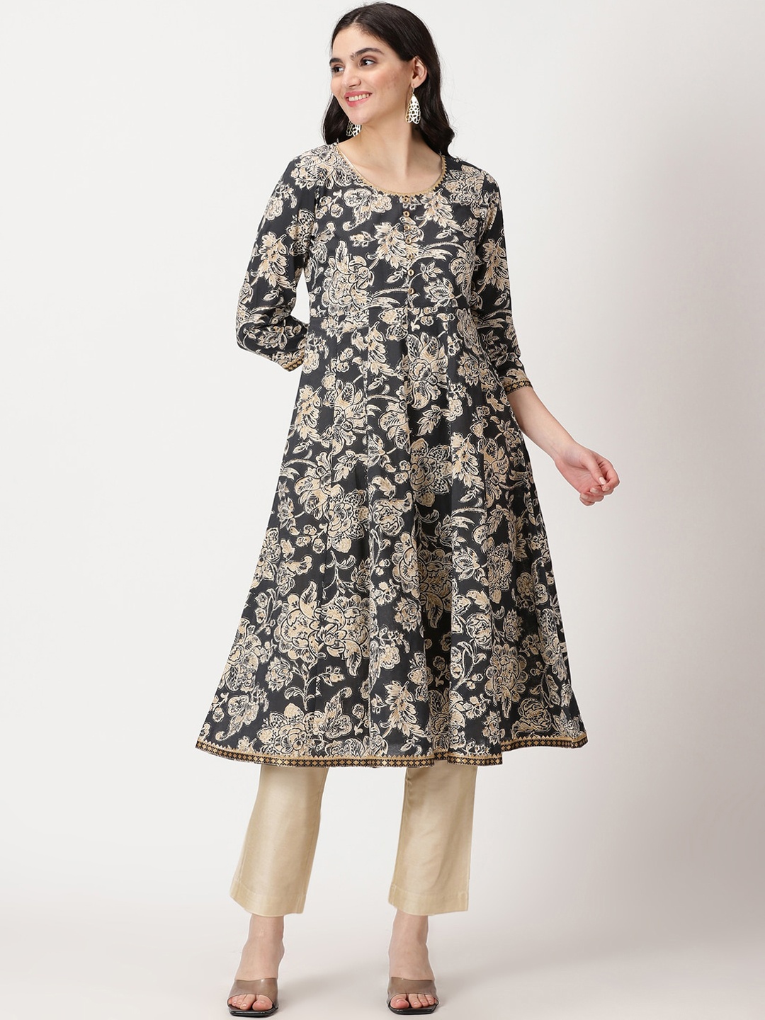 

Saffron Threads Floral Printed Gotta Patti Pure Cotton Anarkali Kurta, Black