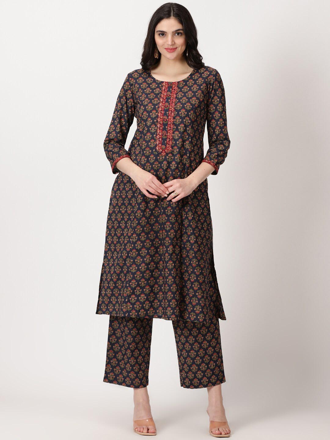 

Saffron Threads Dahlia Print Cotton Embroidered Detail Straight Kurta, Navy blue