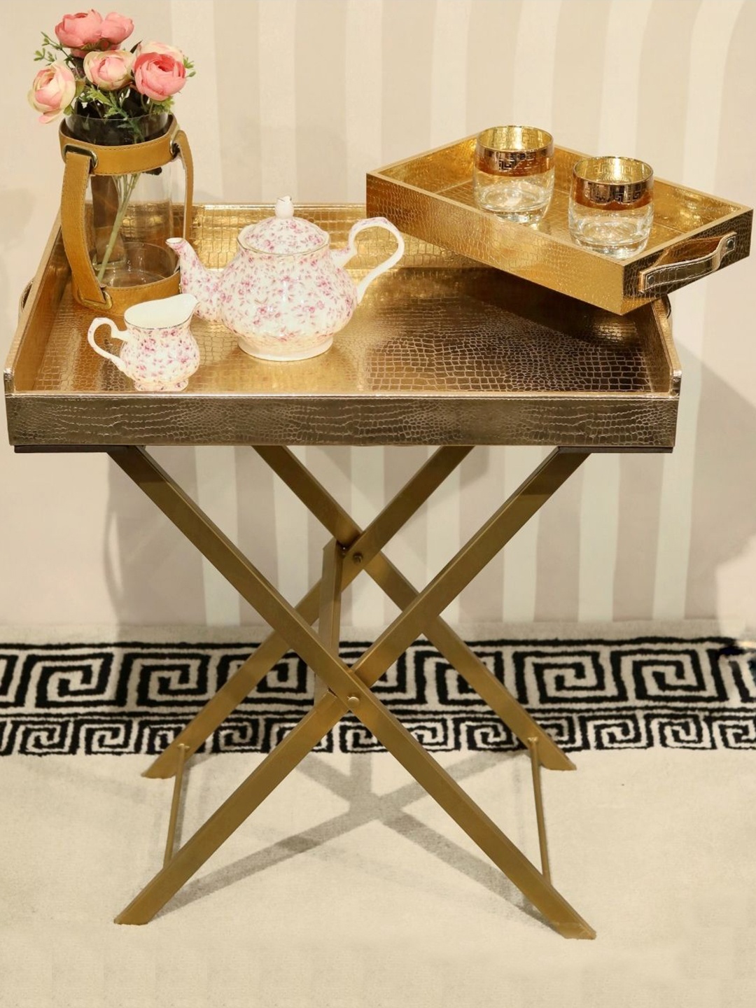 

CasaGold Precioso Rose Gold Toned 2 Pieces Textured Wood Foldable Trays With Stand