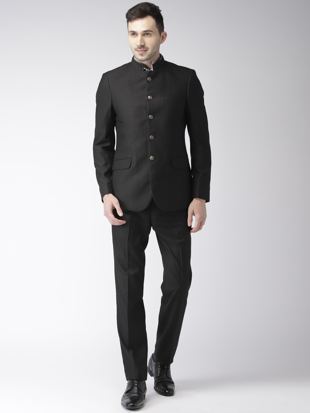 

Raymond Men Black Self Designed Contemporary Fit Bandhgala Suit