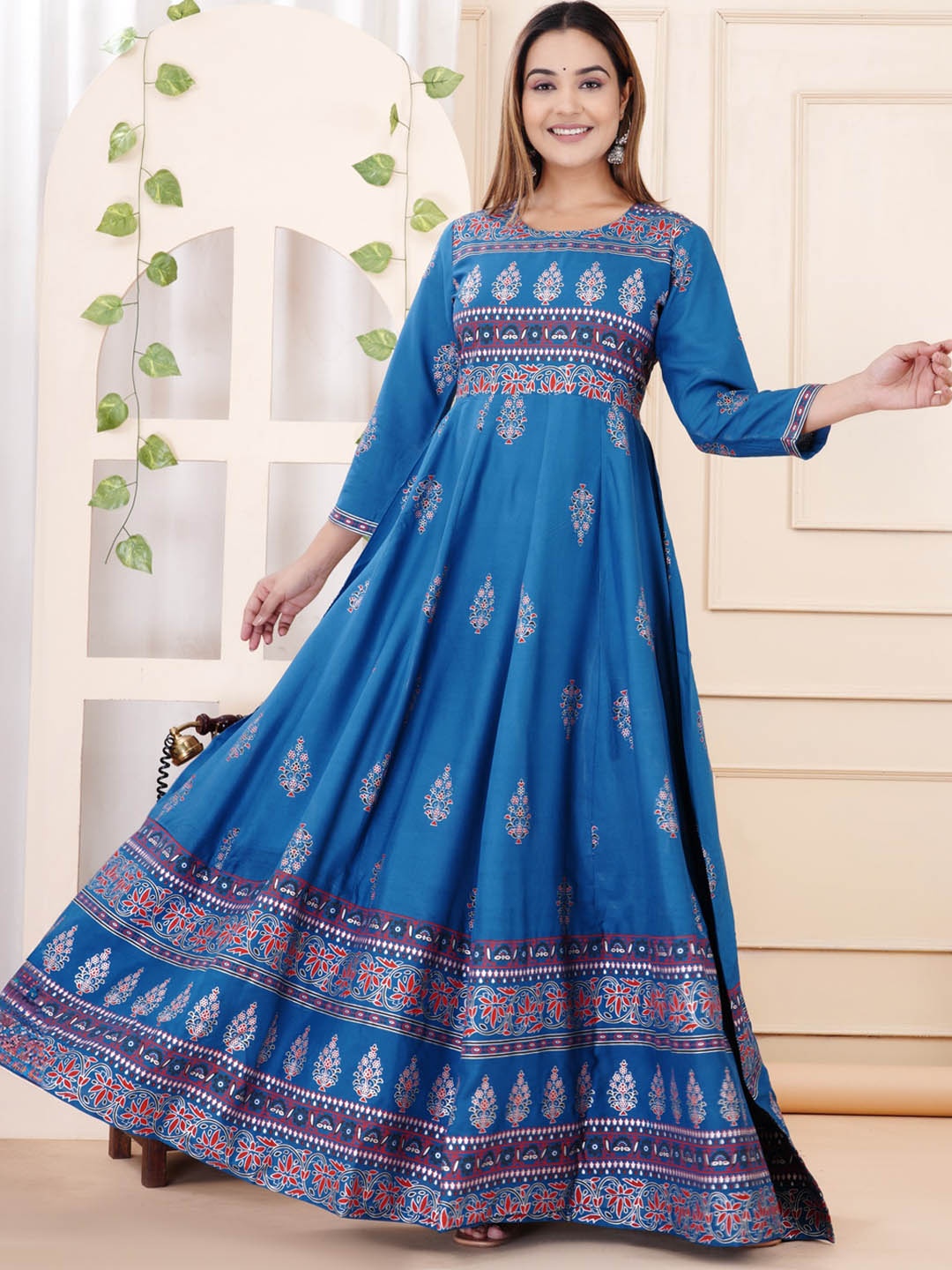 

PURSHOTTAM WALA Ethnic Motifs Printed A Line Ethnic Dress, Blue