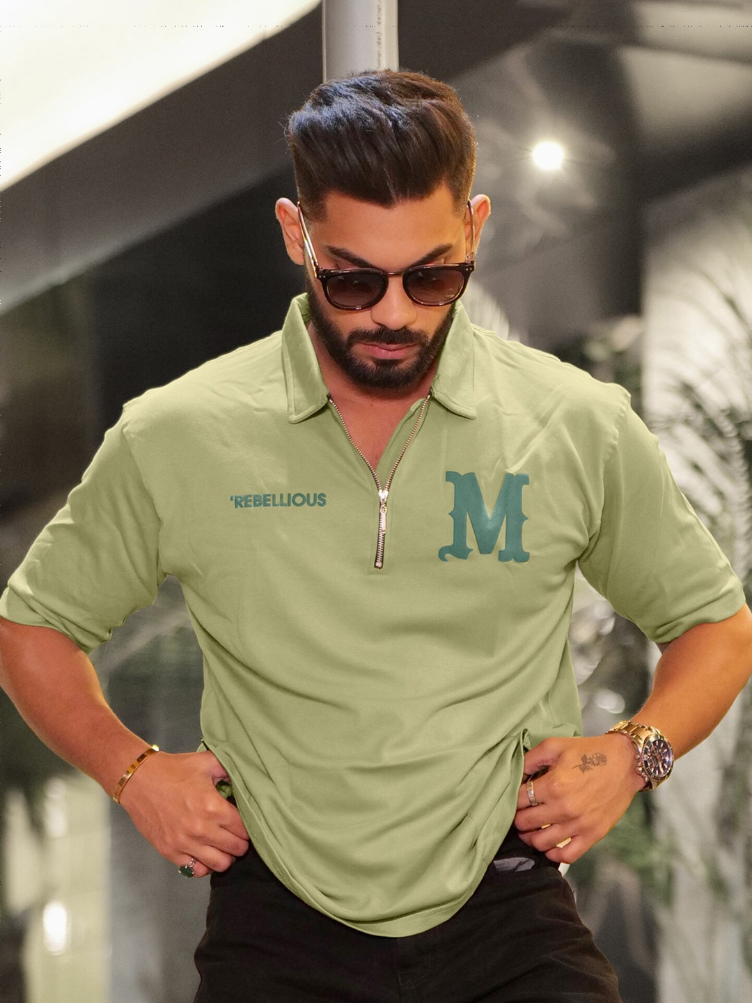 

Maniac Typography Printed Polo Collar Cotton Oversized T-Shirt, Green