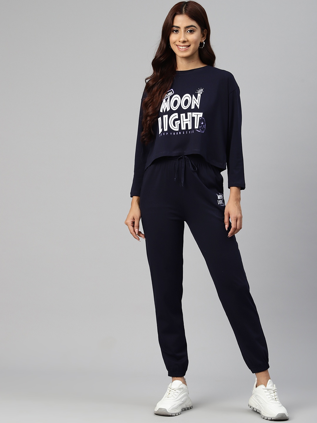 

She N She Women Printed Cotton Lycra Co-Ords Set, Navy blue
