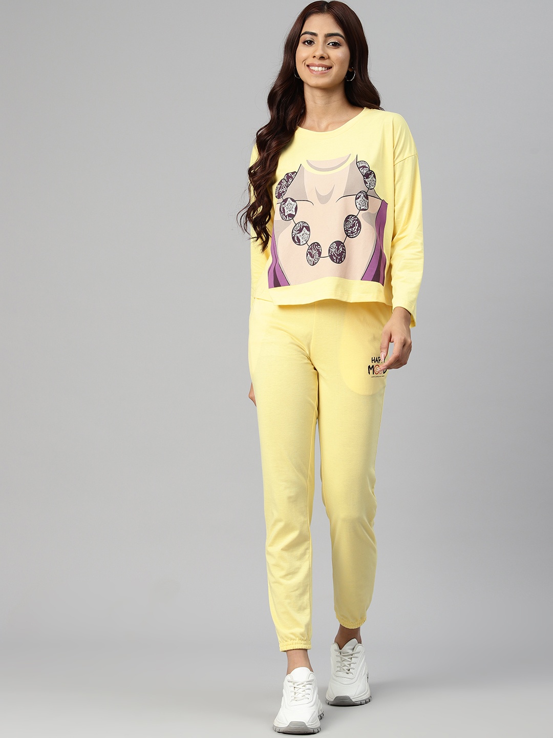 

She N She Women Printed Hosiery T-shirt with Joggers Co-Ords, Yellow