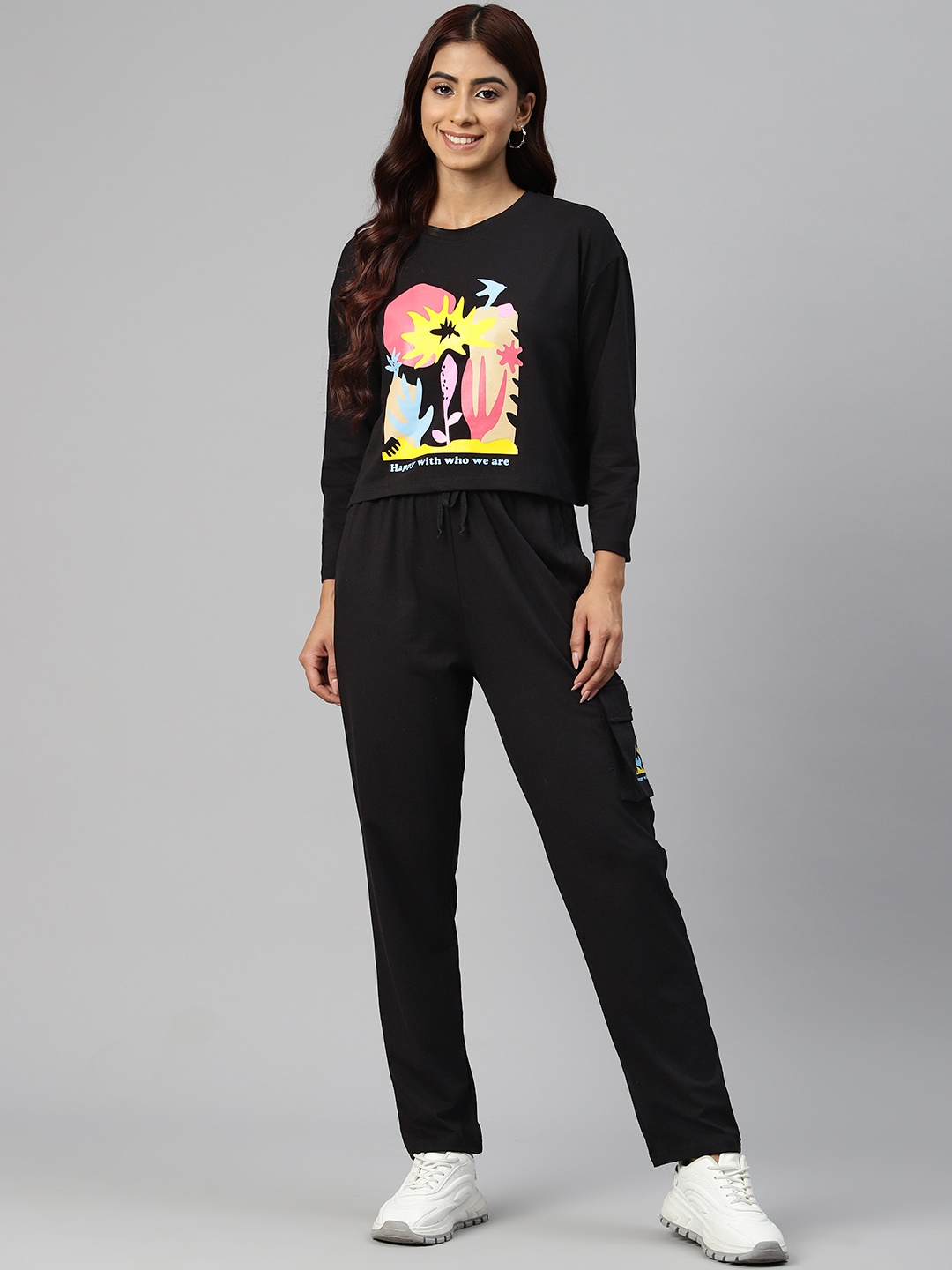 

She N She Women Printed Cotton Lycra Co-Ord Set, Black