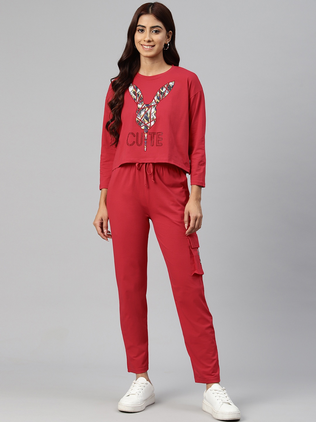

She N She Cotton Lycra Co-Ord Set, Red