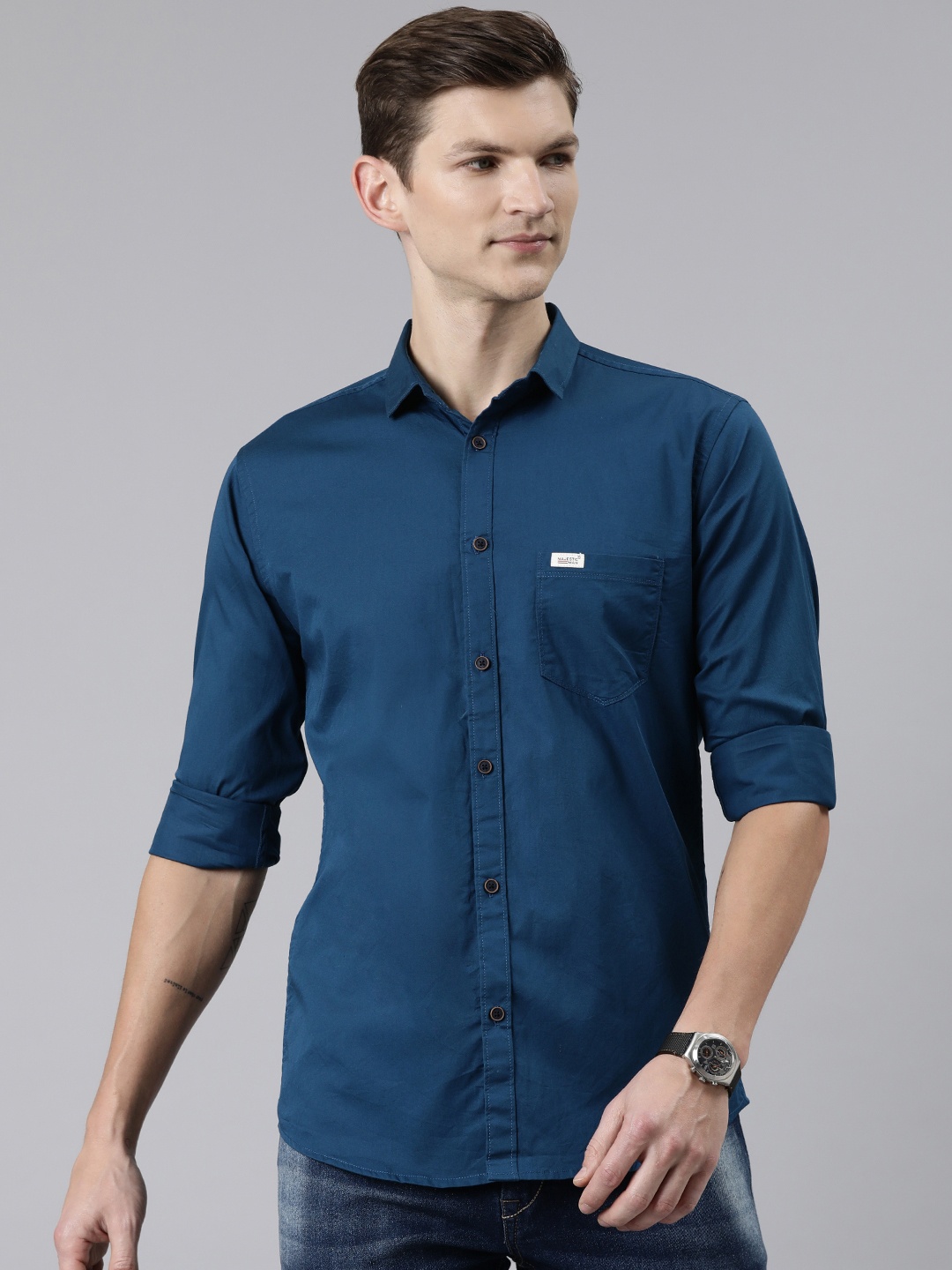 

Majestic Man Men Comfort Slim Fit Pure Cotton Casual Shirt, Blue