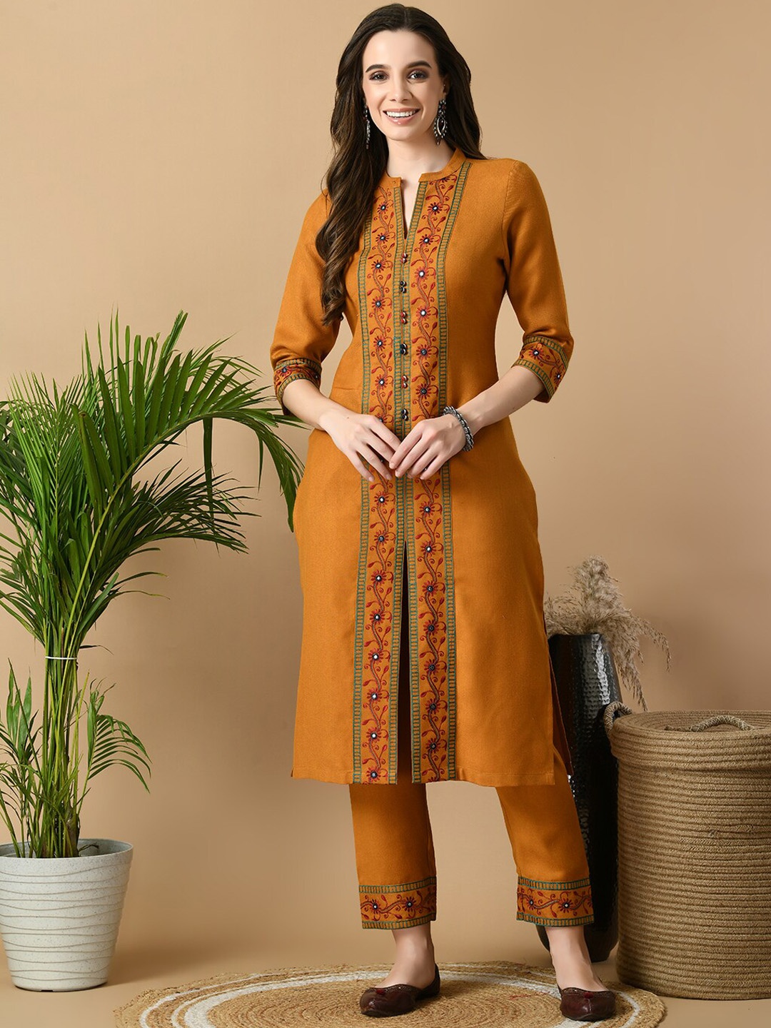 

MEESAN Floral Embroidered Pashmina Regular Straight Kurta with Trousers, Mustard