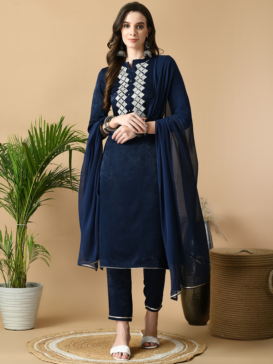 

MEESAN Ethnic Motifs Embroidered Regular Kurta with Trousers & With Dupatta, Navy blue