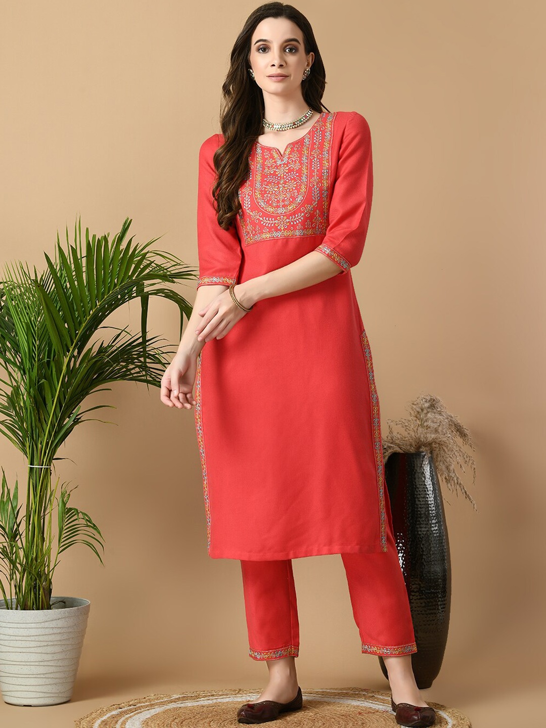 

MEESAN Floral Embroidered Regular Kurta with Trousers, Coral