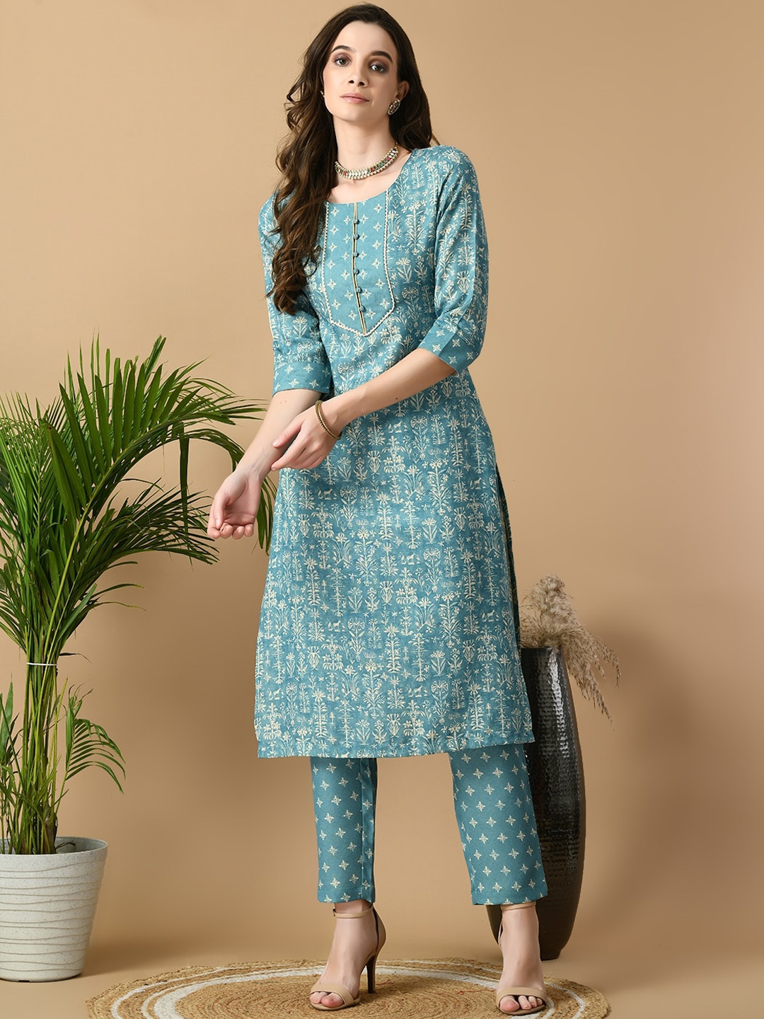 

MEESAN Ethnic Motifs Printed Regular Kurta with Trousers, Blue