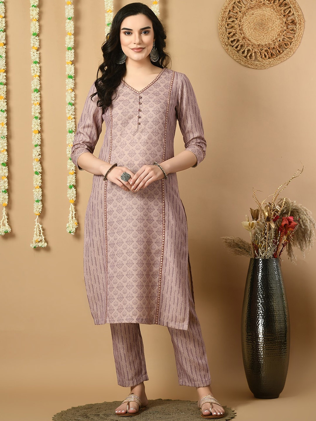 

MEESAN Ethnic Motif Printed Pashmina Regular Kurta with Trousers, Mauve