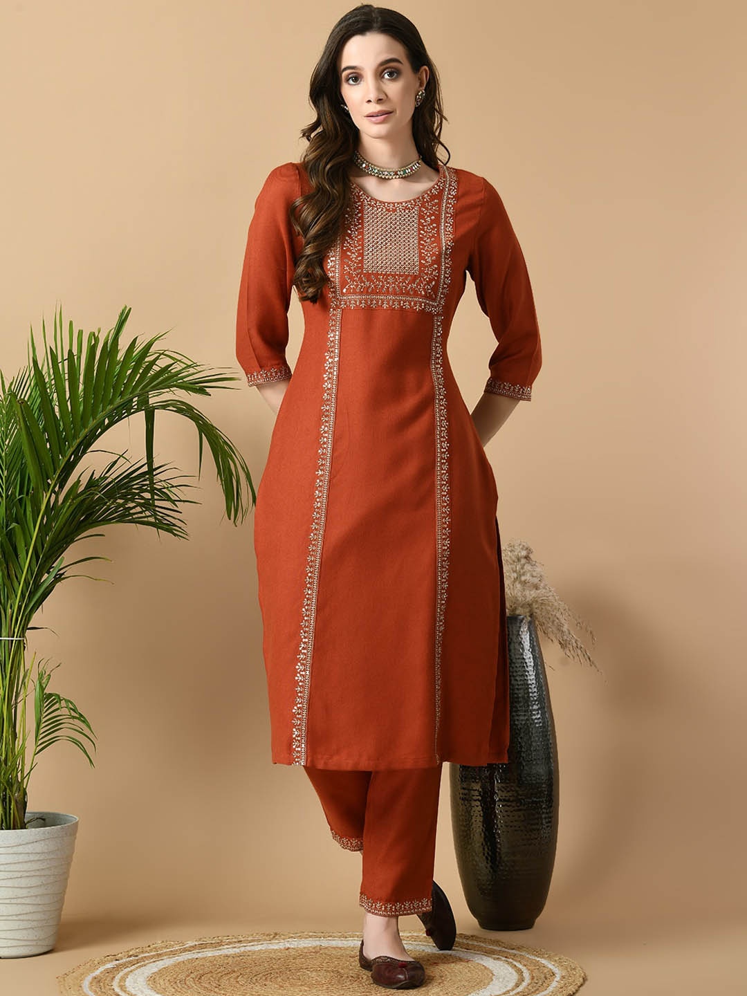 

MEESAN Floral Yoke Design Sequinned Straight Kurta With Trousers, Rust