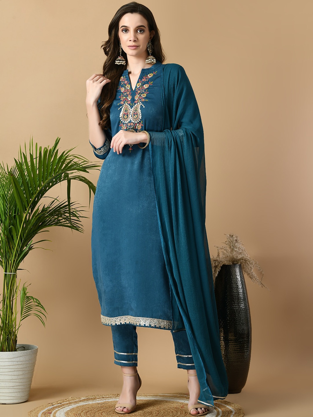 

MEESAN Ethnic Motifs Embroidered Regular Kurta with Trousers & With Dupatta, Blue
