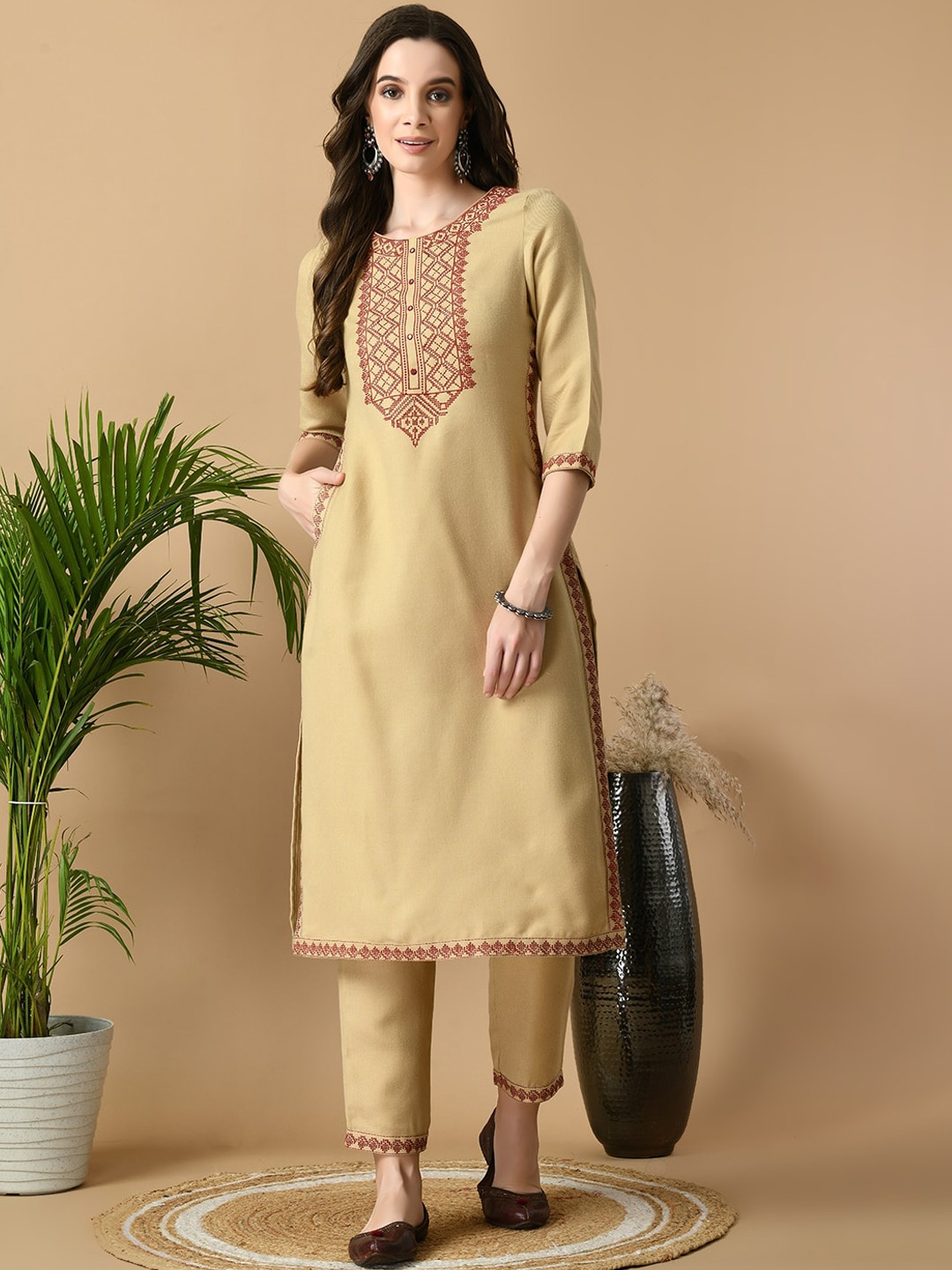 

MEESAN Ethnic Motifs Yoke Design Pashmina Kurta with Trousers, Beige