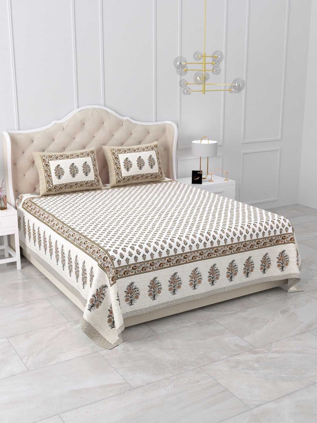 

DOLLIFI White Green Floral Cotton 260 TC King Bedsheet with 2 Pillow Covers