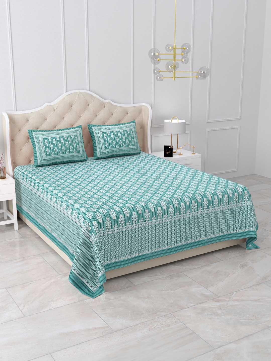 

DOLLIFI Green & White Floral Cotton 260 TC King Bedsheet With 2 Pillow Covers