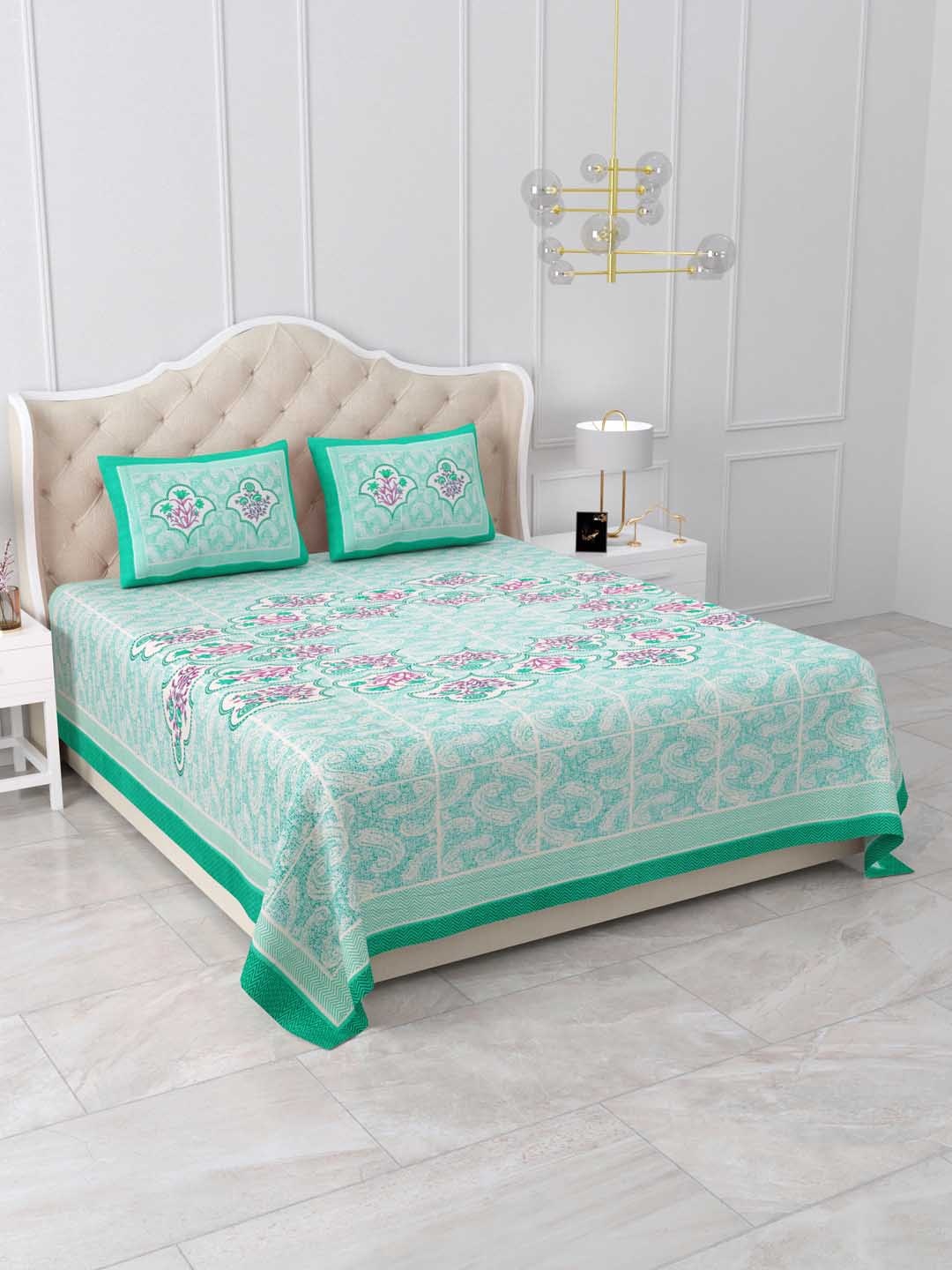 

DOLLIFI Green & White Floral Cotton 260 TC King Bedsheet With 2 Pillow Covers