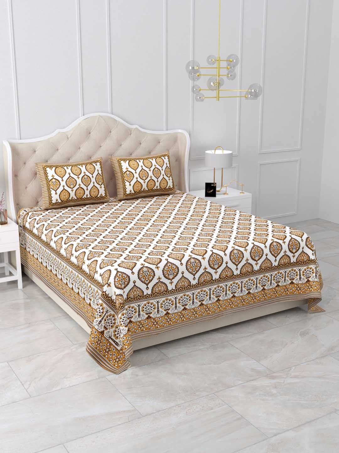 

DOLLIFI Yellow & Brown Floral Cotton 260 TC King Bedsheet with 2 Pillow Covers
