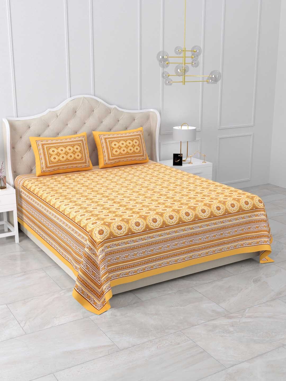 

DOLLIFI Green & Beige Floral Cotton 260 TC King Bedsheet with 2 Pillow Covers