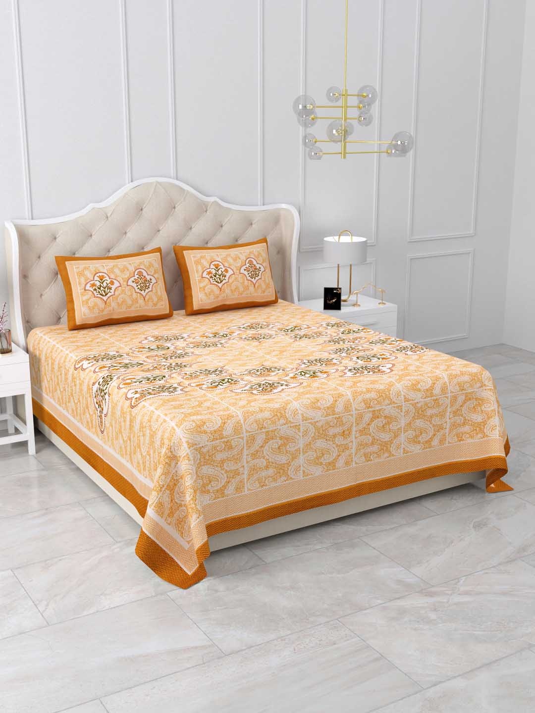 

DOLLIFI Yellow & Brown Floral Cotton 260 TC King Bedsheet with 2 Pillow Covers