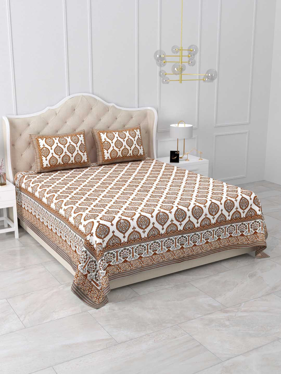 

DOLLIFI Mustard White Floral Cotton 260 TC King Bedsheet with 2 Pillow Covers