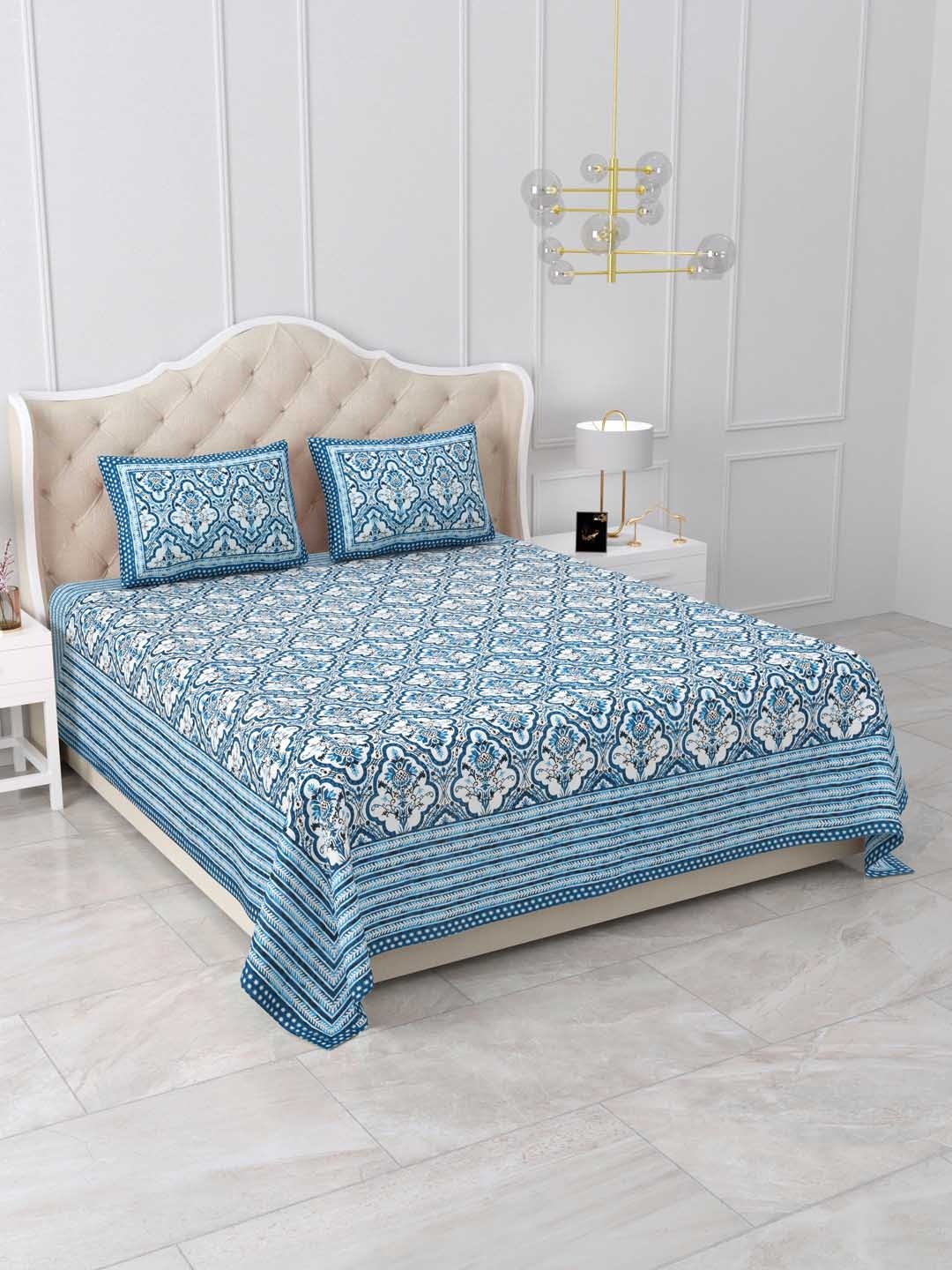 

DOLLIFI Blue & White Floral Cotton 260 TC King Bedsheet with 2 Pillow Covers