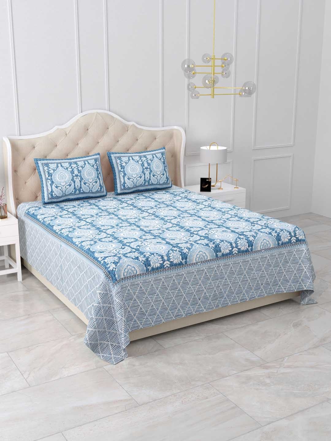 

DOLLIFI Blue Ethnic Motifs Cotton 260 TC King Bedsheet with 2 Pillow Covers