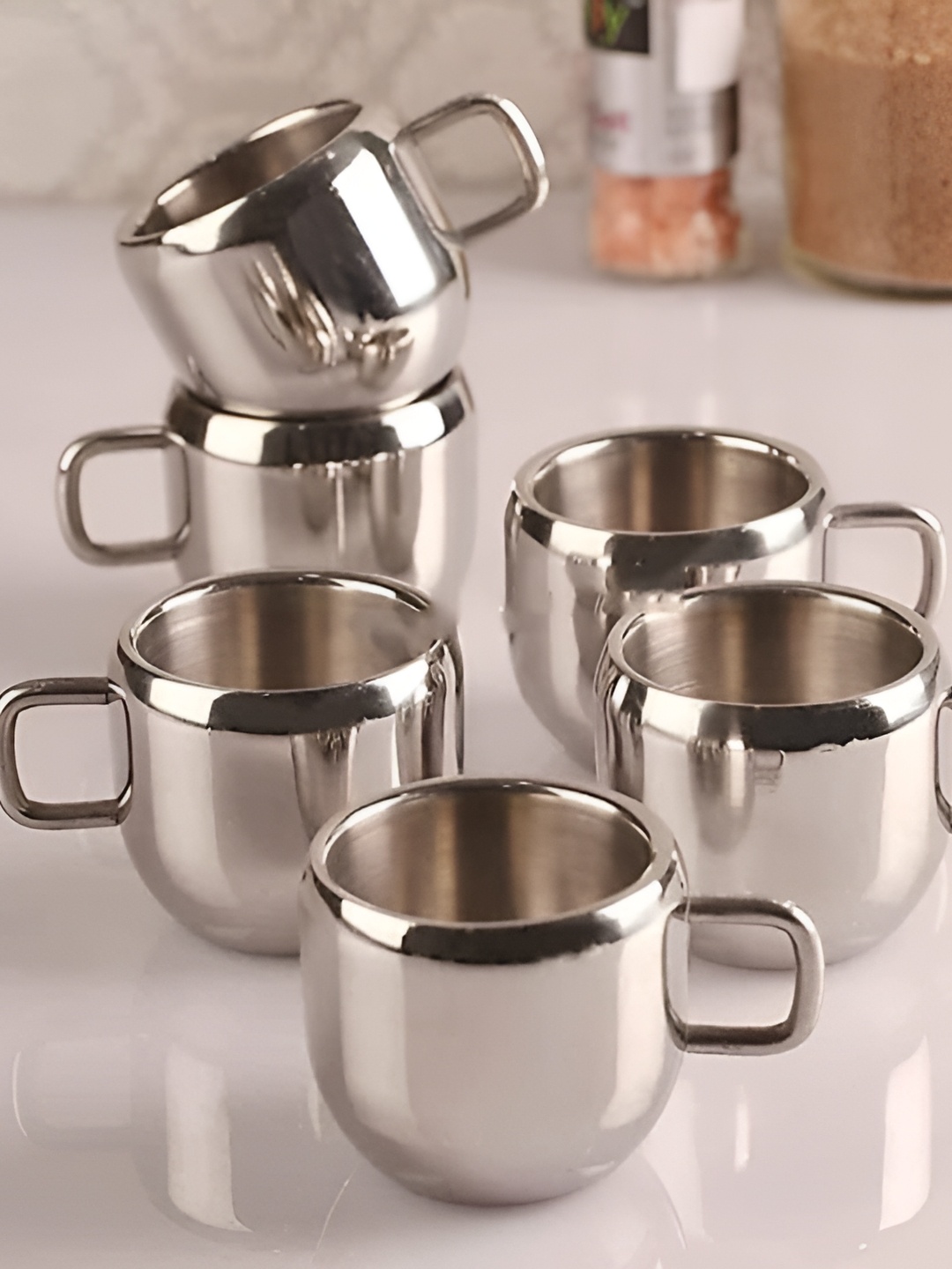 

ATROCK Silver Toned 6 Pcs Stainless Steel Glossy Finish Tea Cups 80 ml