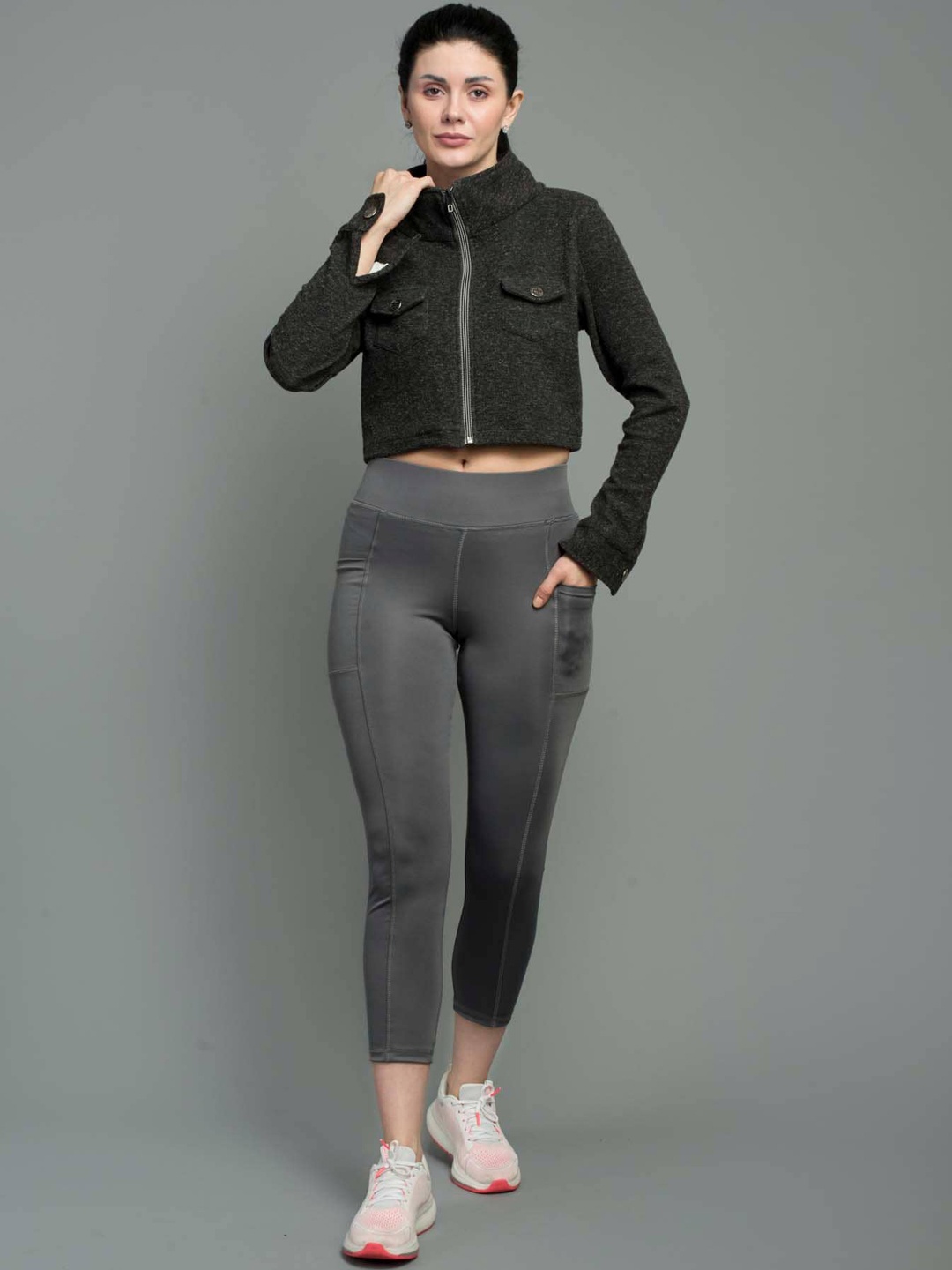 

Keepfit Stand Collar Crop Tailored Jacket, Black