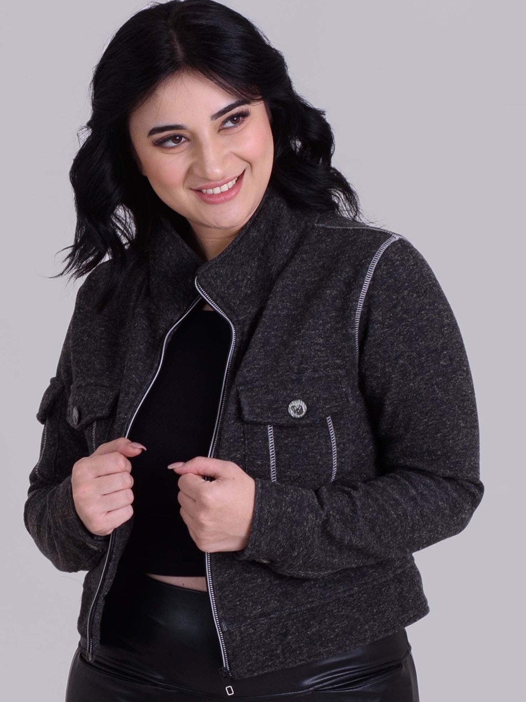

Keepfit Stand Collar Crop Tailored Jacket, Black