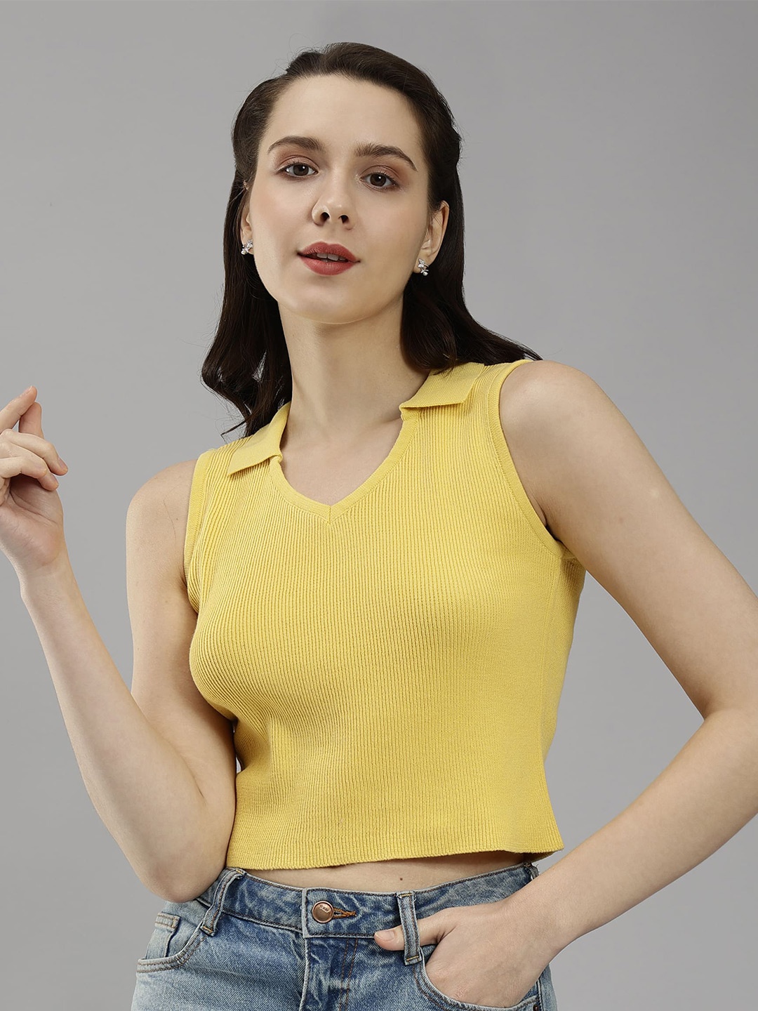 

Pritla Ribbed Cotton Fitted Crop Top, Yellow