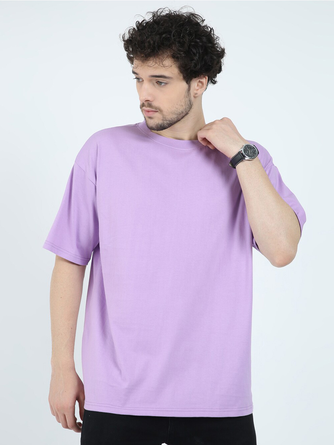

SILISOUL Drop-Shoulder Sleeves Bio Finish Oversized Pure Cotton T-shirt, Lavender