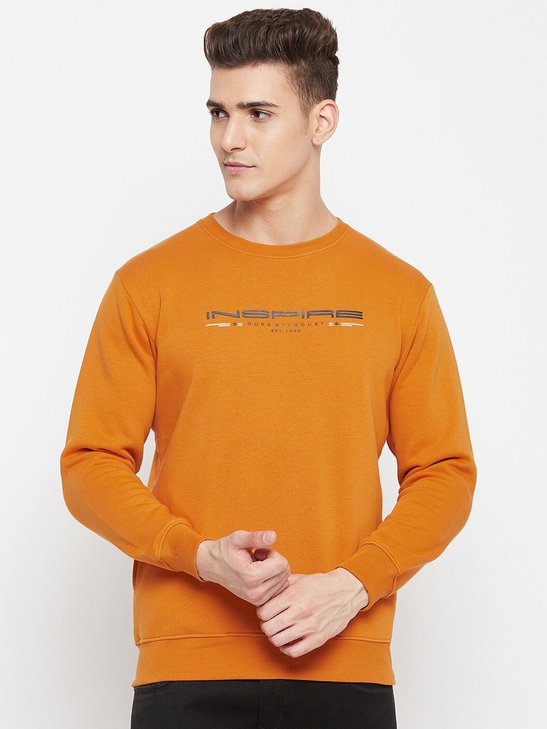

Duke Typography Printed Round Neck Fleece Pullover, Yellow