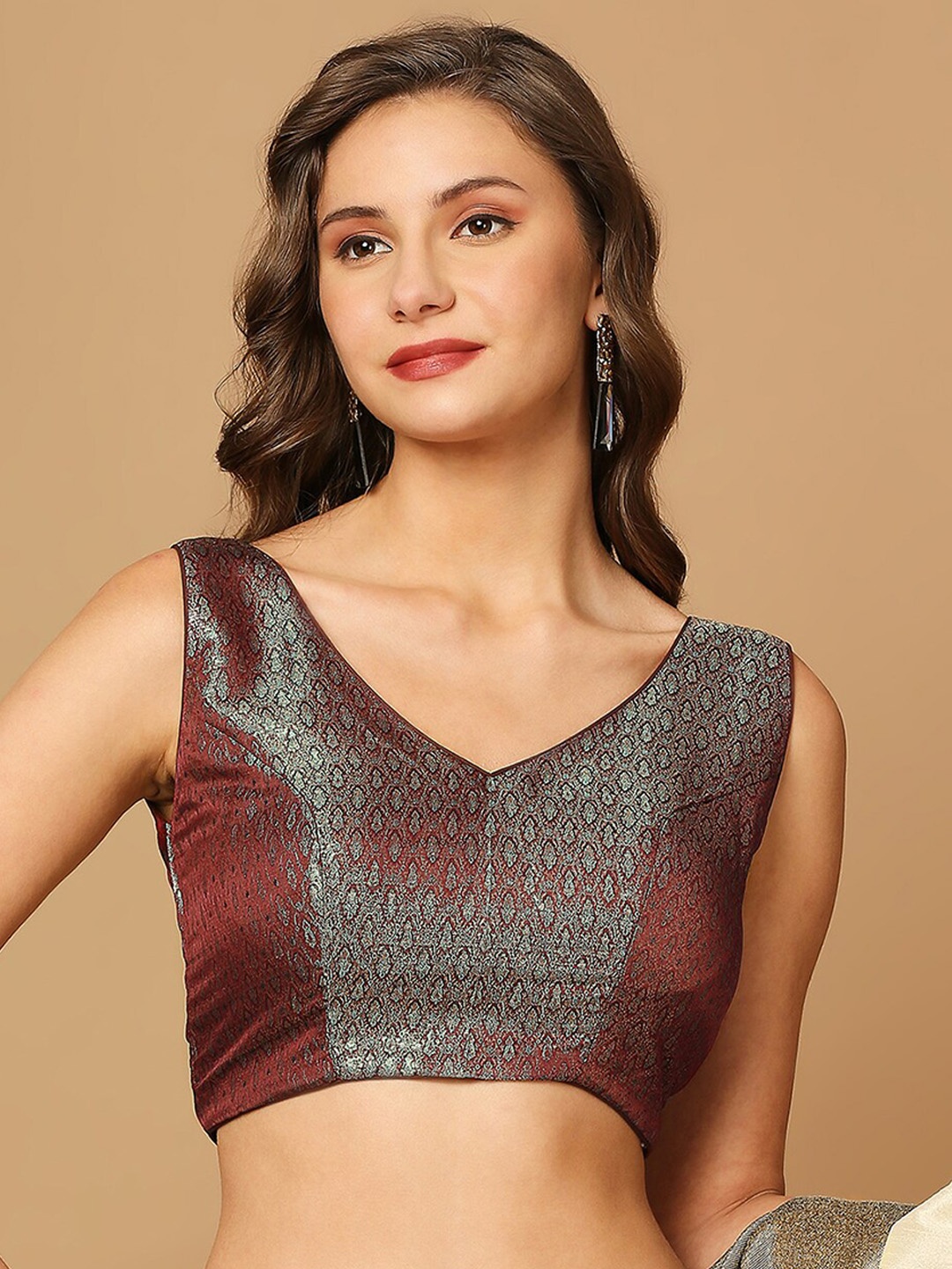 

SALWAR STUDIO Woven Design Brocade V-Neck Saree Blouse, Brown