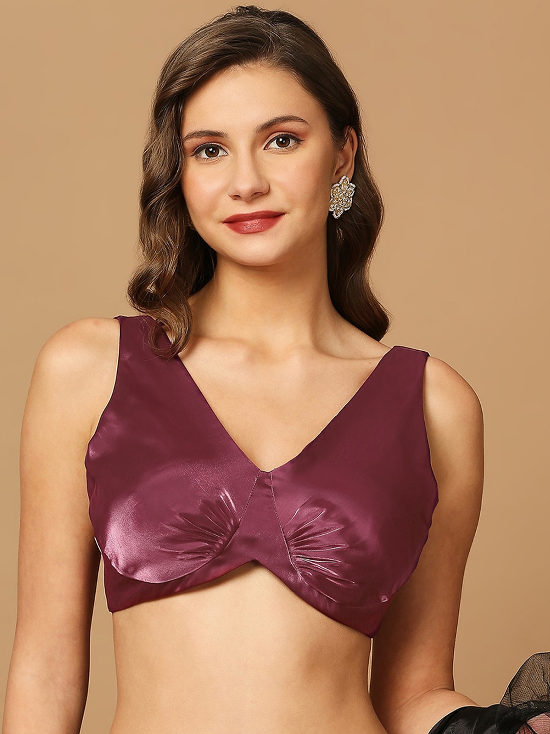 

SALWAR STUDIO Ruched V-Neck Silk Saree Blouse, Maroon