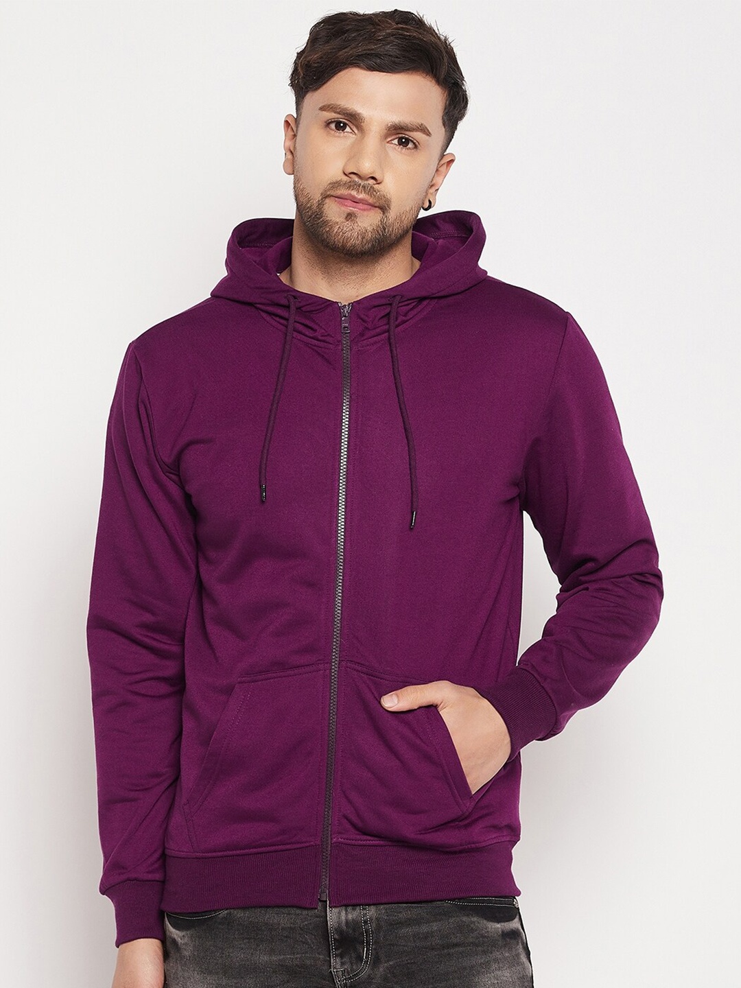 

STROP Hooded Neck Long Sleeve Zip Detail Cotton Front-Open Sweatshirt, Burgundy