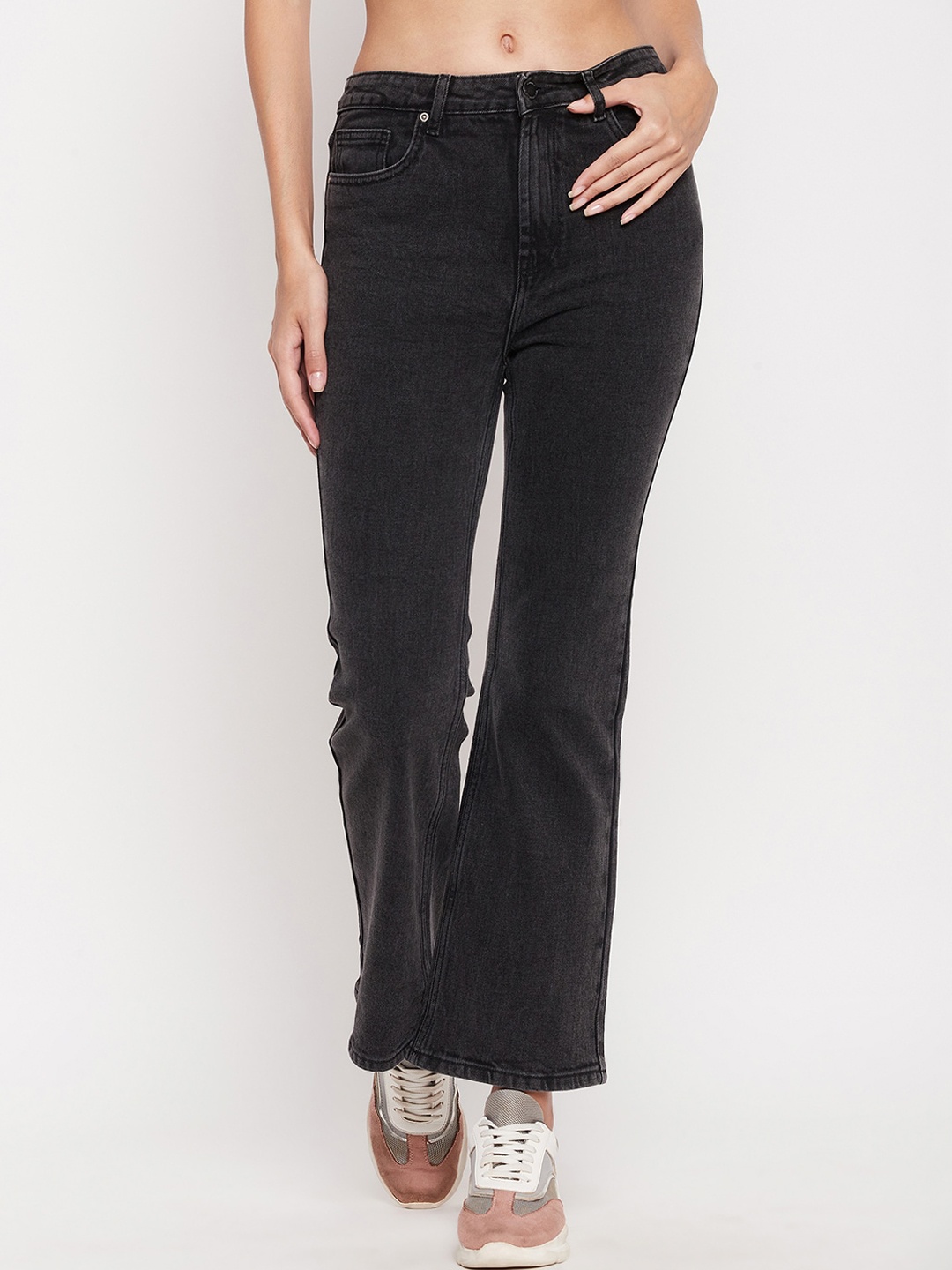 

Madame Women Flared Light Shade Clean Look Cotton Jeans, Black